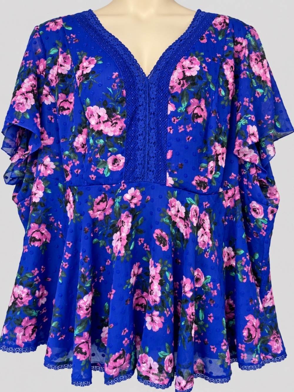 Torrid 5X Blue Floral Clip Dot Lace Peplum Blouse Flutter Sleeve NWT